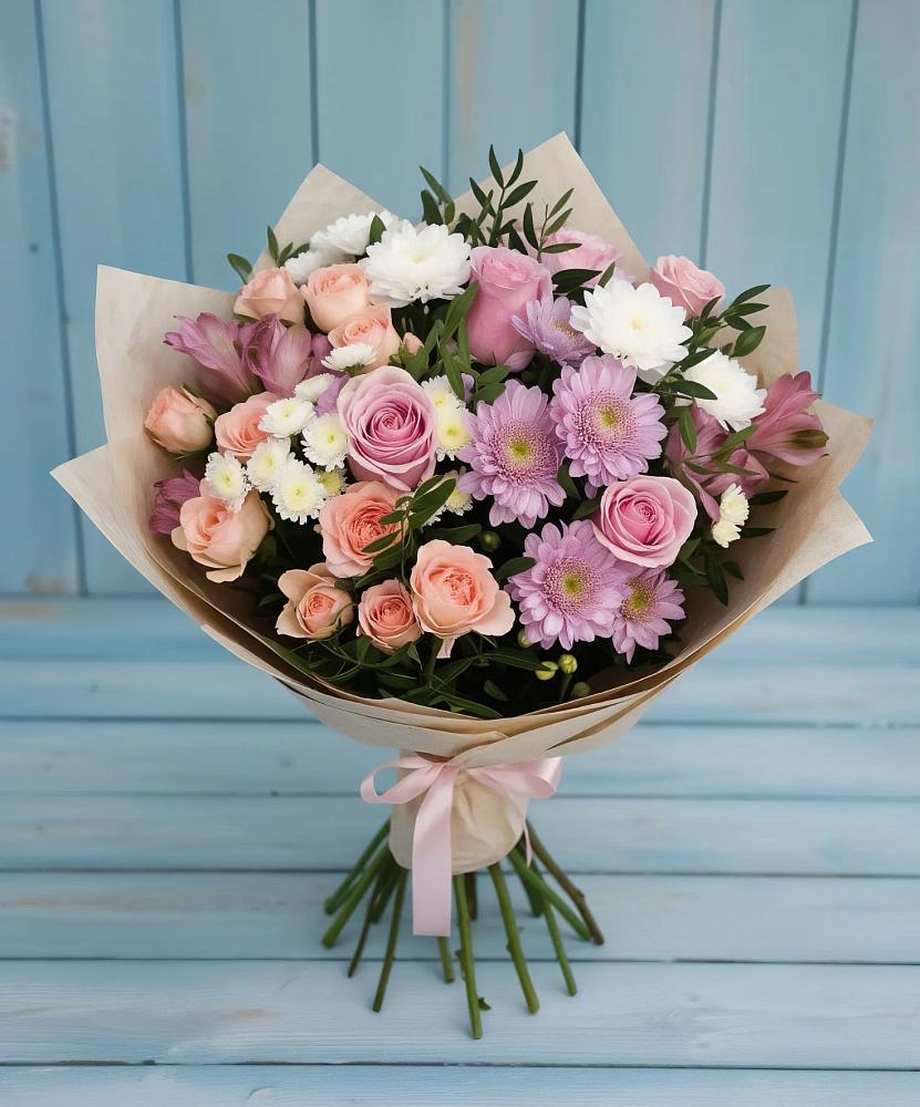 Букет цветов из: Хризантемы, Розы и Альстромерии в Аскино