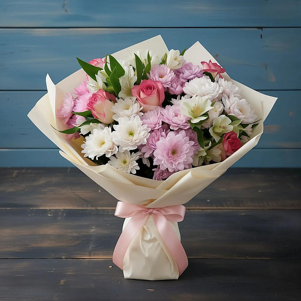 Букет цветов из: Хризантемы, Альстромерии и Розы в Аскино